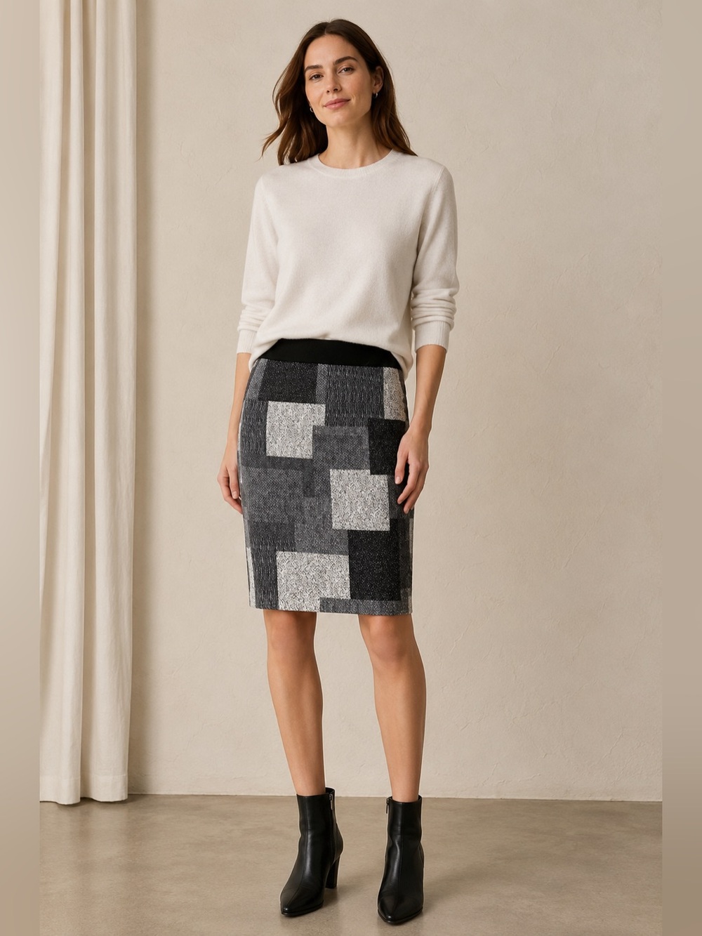 Margaret O'Leary Geometric Knit Pencil‎ Skirt Gray Black Pull-On Stretch